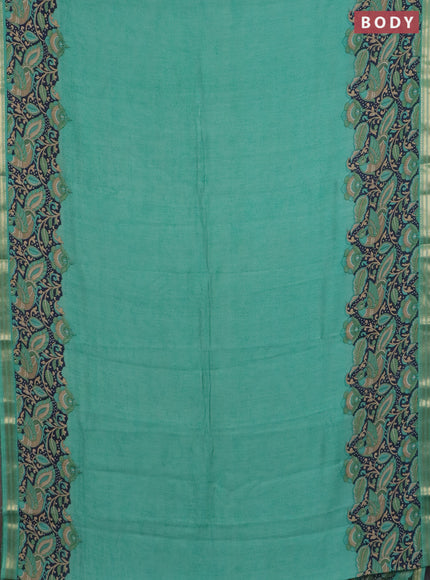 Muslin silk saree teal green and navy blue with prints and long kalamkari printed zari border