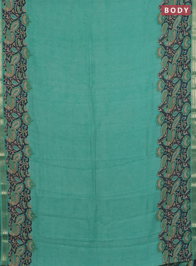 Muslin silk saree teal green and navy blue with prints and long kalamkari printed zari border