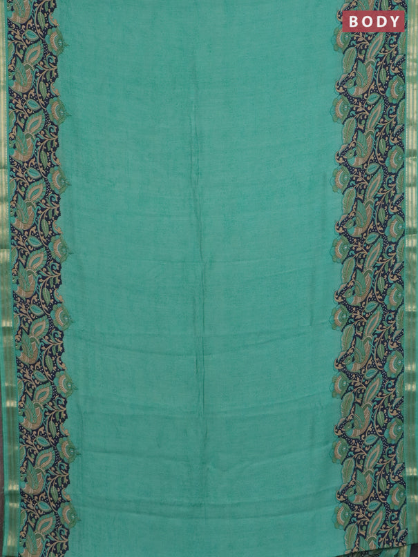 Muslin silk saree teal green and navy blue with prints and long kalamkari printed zari border