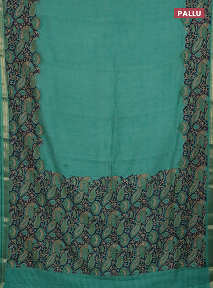 Muslin silk saree teal green and navy blue with prints and long kalamkari printed zari border