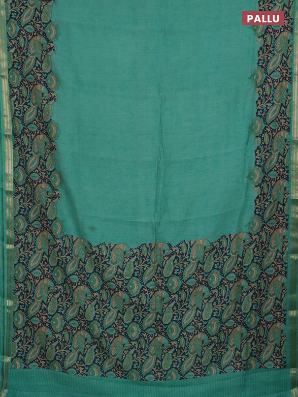 Muslin silk saree teal green and navy blue with prints and long kalamkari printed zari border