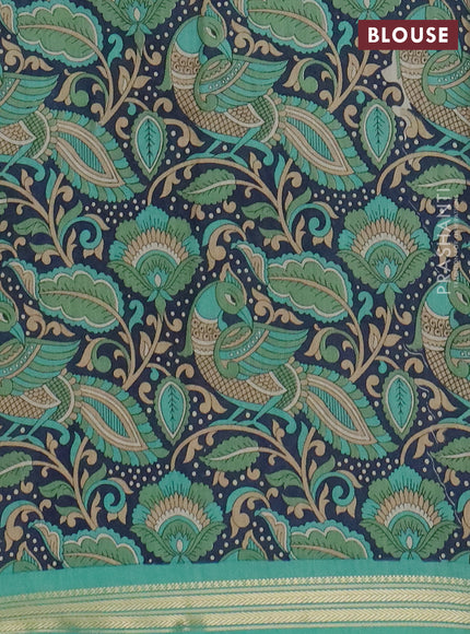 Muslin silk saree teal green and navy blue with prints and long kalamkari printed zari border
