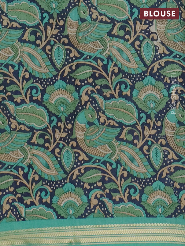 Muslin silk saree teal green and navy blue with prints and long kalamkari printed zari border