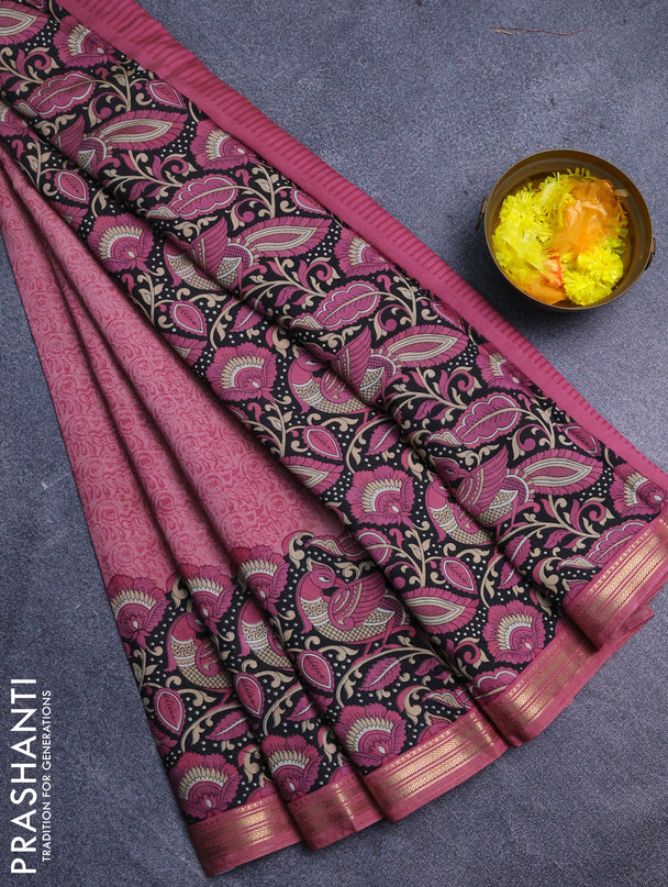 Muslin silk saree pastel pink and black with prints and long kalamkari printed zari border