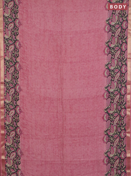 Muslin silk saree pastel pink and black with prints and long kalamkari printed zari border