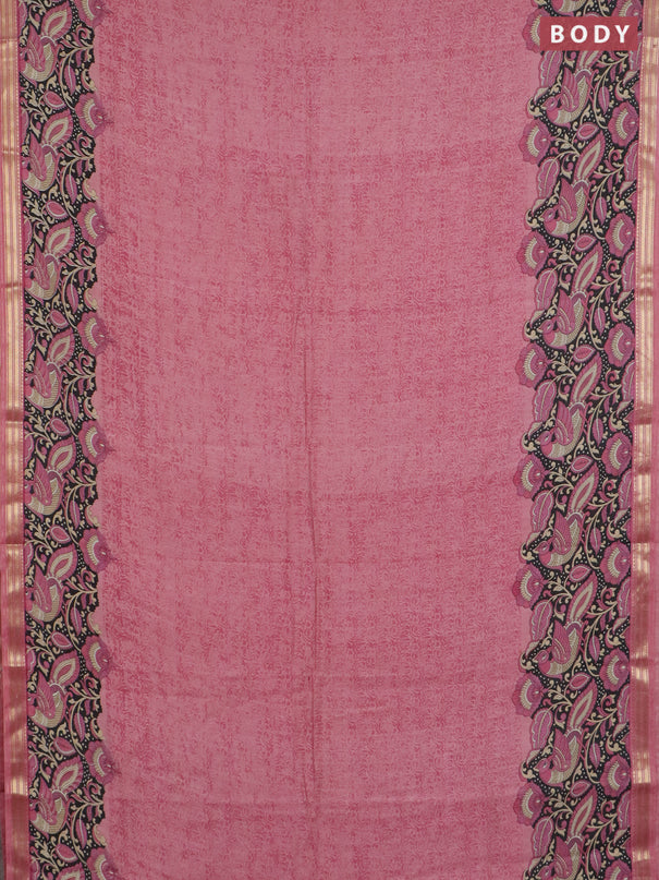 Muslin silk saree pastel pink and black with prints and long kalamkari printed zari border