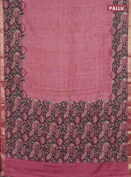 Muslin silk saree pastel pink and black with prints and long kalamkari printed zari border