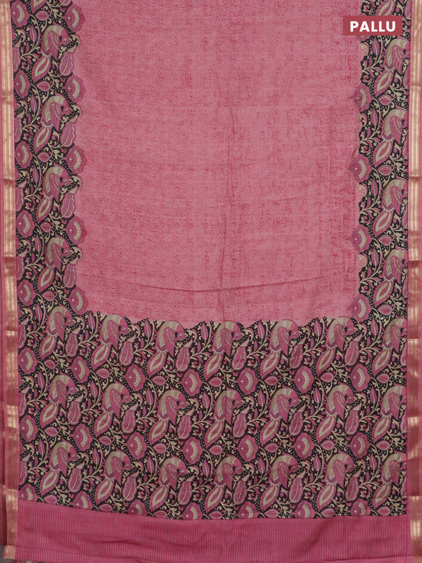Muslin silk saree pastel pink and black with prints and long kalamkari printed zari border