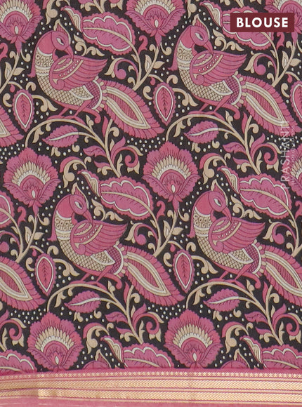 Muslin silk saree pastel pink and black with prints and long kalamkari printed zari border