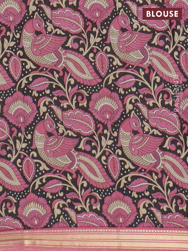 Muslin silk saree pastel pink and black with prints and long kalamkari printed zari border