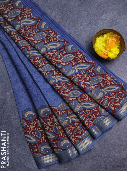 Muslin silk saree bluish grey and maroon with prints and long kalamkari printed zari border