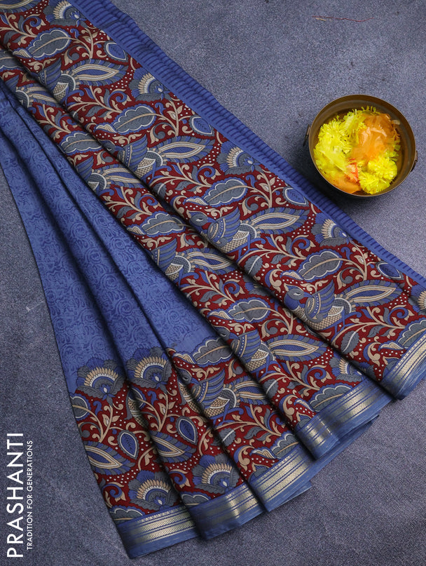 Muslin silk saree bluish grey and maroon with prints and long kalamkari printed zari border