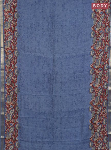 Muslin silk saree bluish grey and maroon with prints and long kalamkari printed zari border