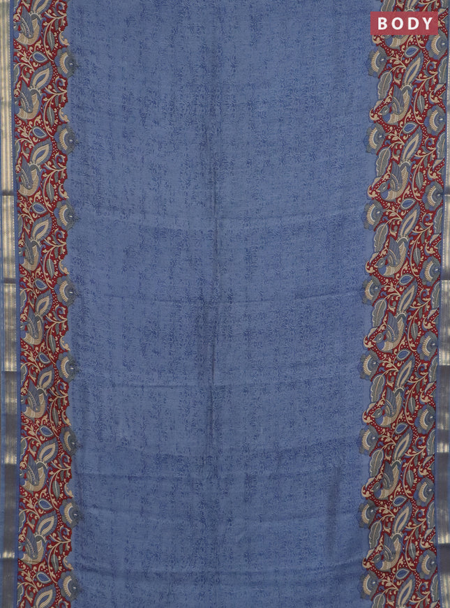 Muslin silk saree bluish grey and maroon with prints and long kalamkari printed zari border