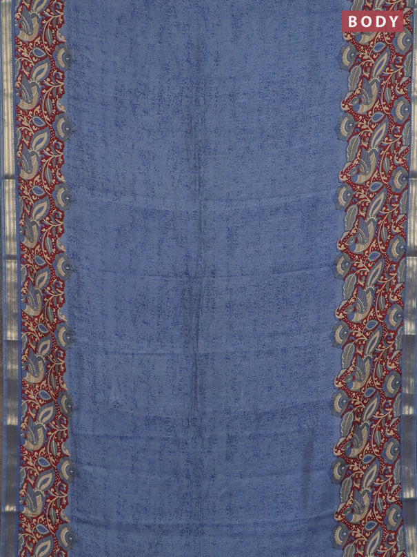 Muslin silk saree bluish grey and maroon with prints and long kalamkari printed zari border