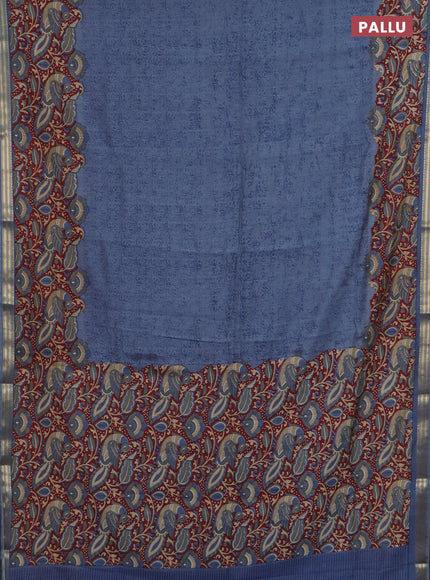 Muslin silk saree bluish grey and maroon with prints and long kalamkari printed zari border