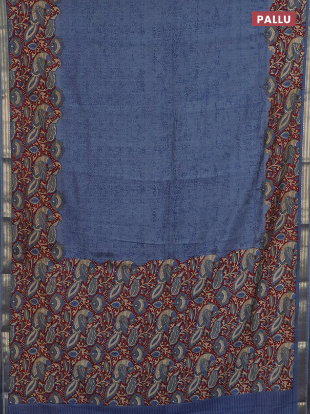 Muslin silk saree bluish grey and maroon with prints and long kalamkari printed zari border