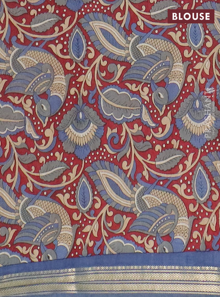 Muslin silk saree bluish grey and maroon with prints and long kalamkari printed zari border