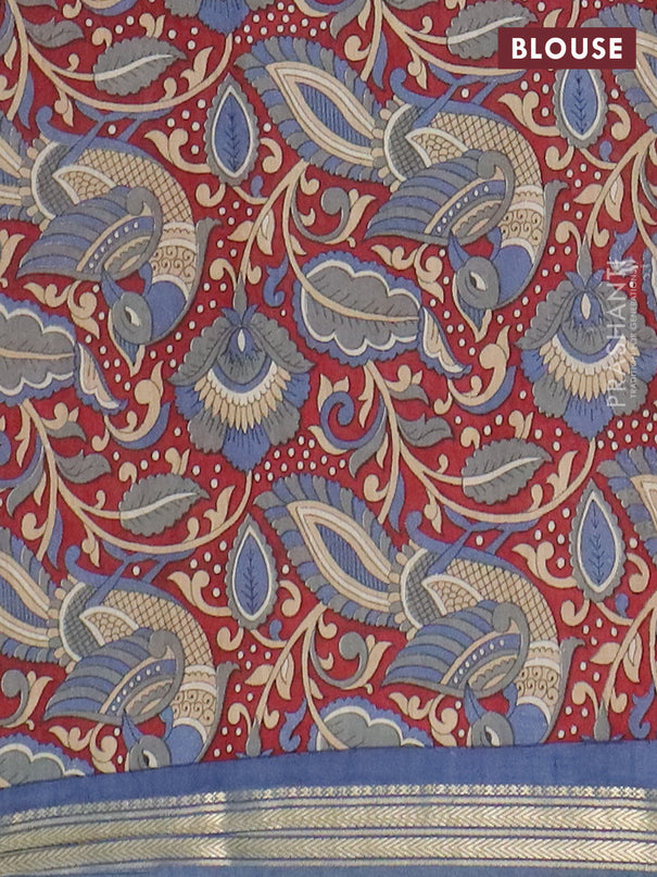 Muslin silk saree bluish grey and maroon with prints and long kalamkari printed zari border
