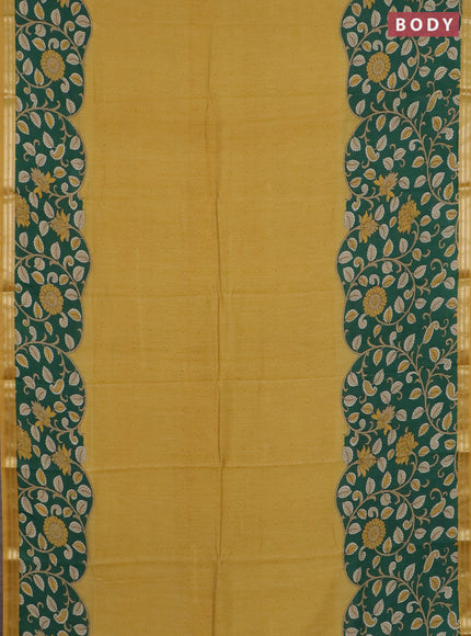 Muslin silk saree mustard yellow and green with prints and long kalamkari printed zari border