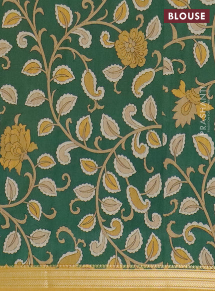 Muslin silk saree mustard yellow and green with prints and long kalamkari printed zari border