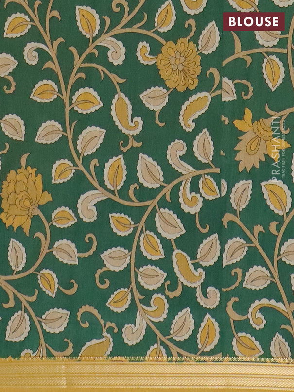 Muslin silk saree mustard yellow and green with prints and long kalamkari printed zari border