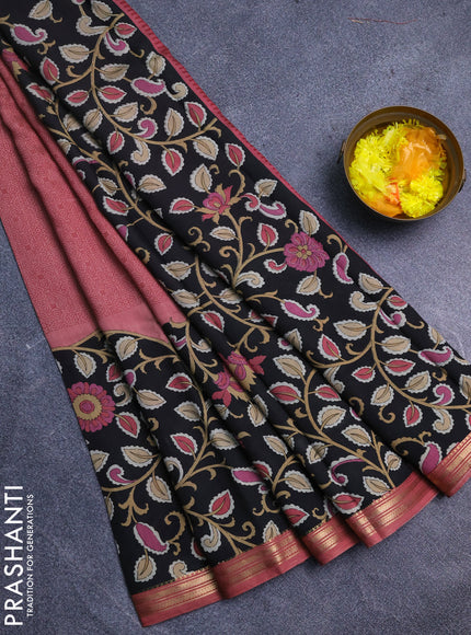 Muslin silk saree peach shade and black with prints and long kalamkari printed zari border