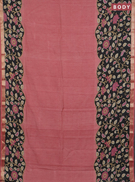 Muslin silk saree peach shade and black with prints and long kalamkari printed zari border