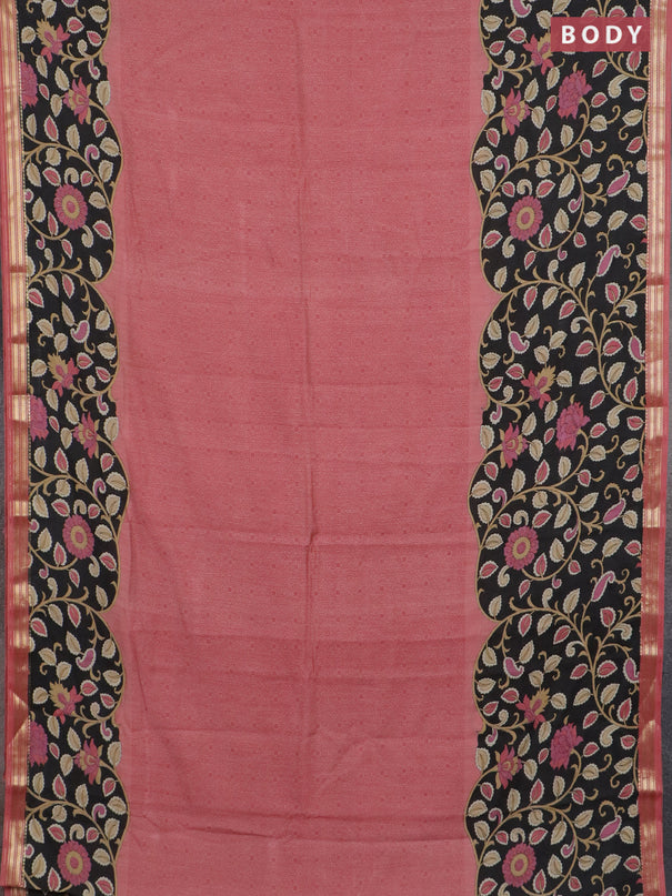 Muslin silk saree peach shade and black with prints and long kalamkari printed zari border