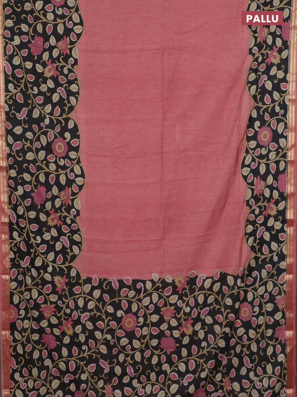 Muslin silk saree peach shade and black with prints and long kalamkari printed zari border