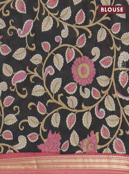 Muslin silk saree peach shade and black with prints and long kalamkari printed zari border