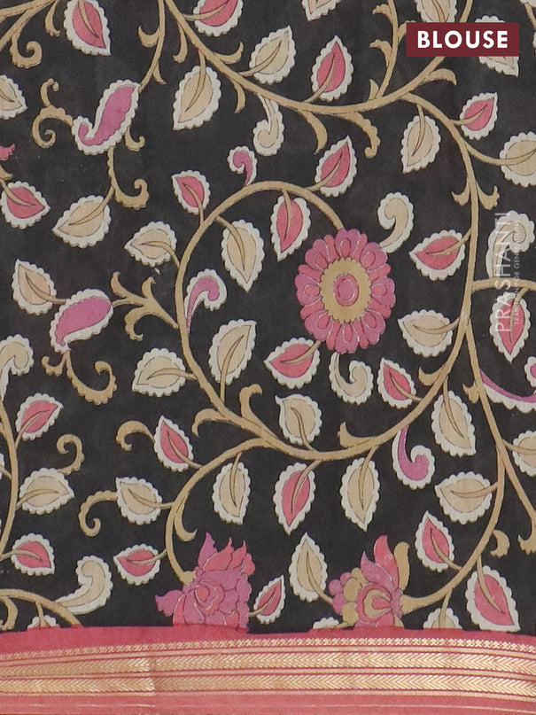 Muslin silk saree peach shade and black with prints and long kalamkari printed zari border