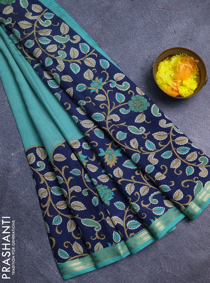 Muslin silk saree teal green and navy blue with prints and long kalamkari printed zari border