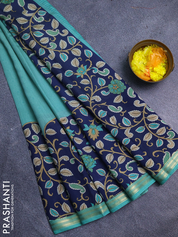 Muslin silk saree teal green and navy blue with prints and long kalamkari printed zari border