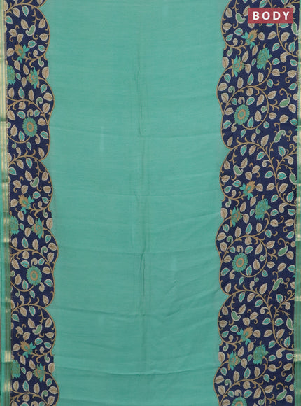 Muslin silk saree teal green and navy blue with prints and long kalamkari printed zari border
