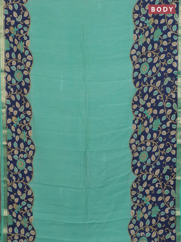 Muslin silk saree teal green and navy blue with prints and long kalamkari printed zari border