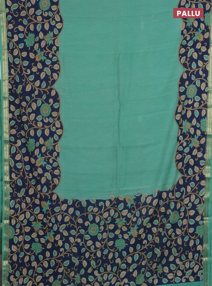 Muslin silk saree teal green and navy blue with prints and long kalamkari printed zari border