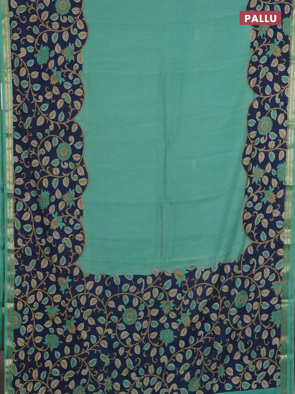 Muslin silk saree teal green and navy blue with prints and long kalamkari printed zari border