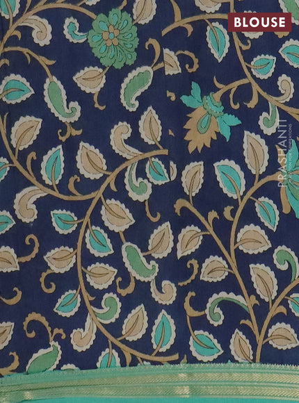 Muslin silk saree teal green and navy blue with prints and long kalamkari printed zari border