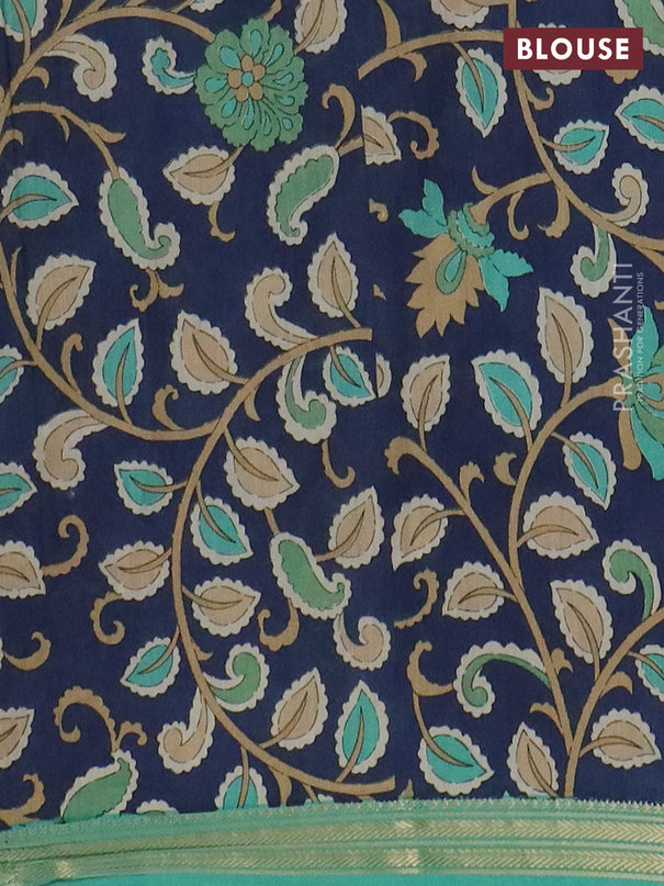 Muslin silk saree teal green and navy blue with prints and long kalamkari printed zari border