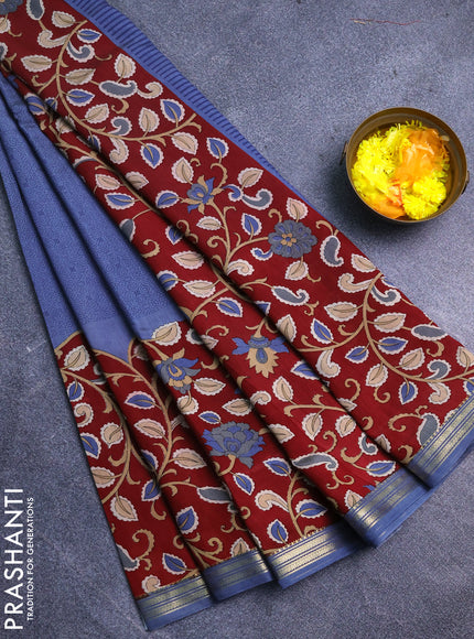 Muslin silk saree bluish grey and maroon with prints and long kalamkari printed zari border