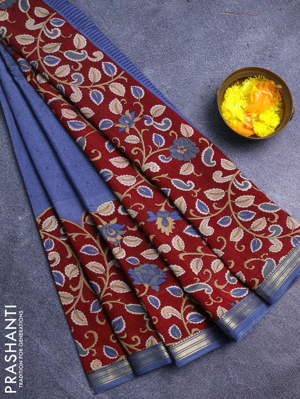 Muslin silk saree bluish grey and maroon with prints and long kalamkari printed zari border