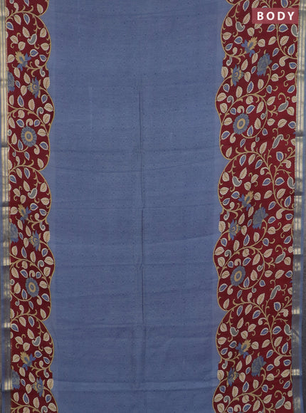 Muslin silk saree bluish grey and maroon with prints and long kalamkari printed zari border