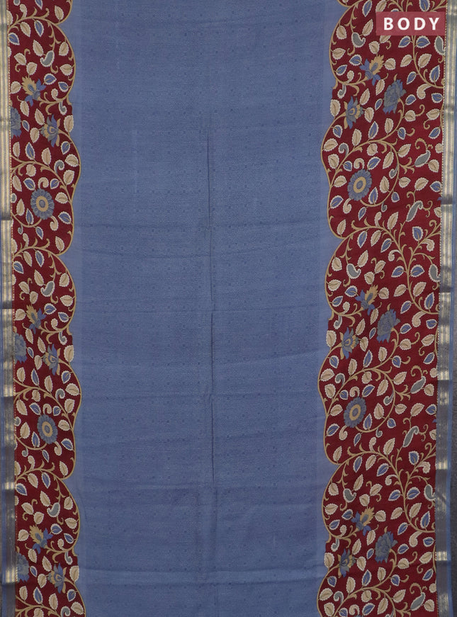 Muslin silk saree bluish grey and maroon with prints and long kalamkari printed zari border