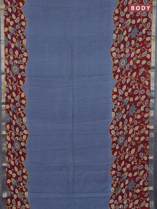 Muslin silk saree bluish grey and maroon with prints and long kalamkari printed zari border