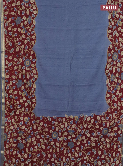 Muslin silk saree bluish grey and maroon with prints and long kalamkari printed zari border