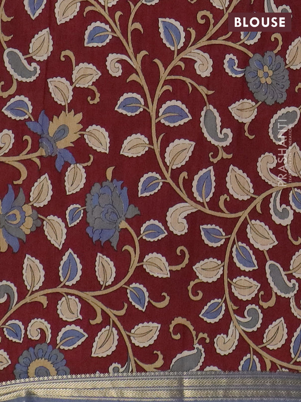 Muslin silk saree bluish grey and maroon with prints and long kalamkari printed zari border