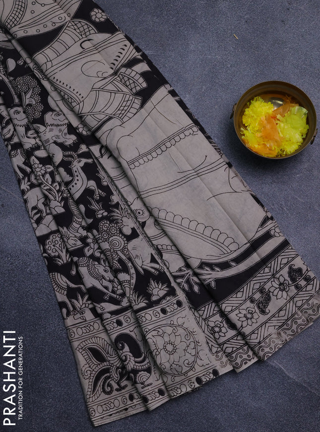 Kalamkari cotton saree black and beige with allover prints and printed border