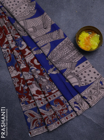Kalamkari cotton saree maroon and blue with allover prints and printed border