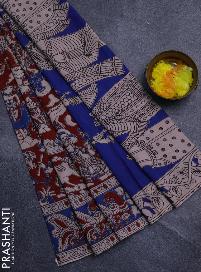 Kalamkari cotton saree maroon and blue with allover prints and printed border